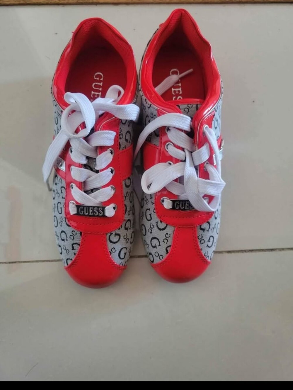 GUESS  Red and White Logo Lace-Up Sneakers